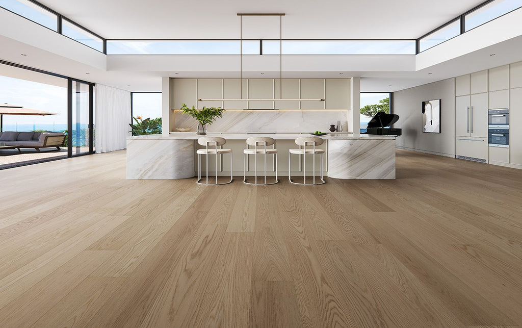Modern kitchen with wooden flooring and large windows