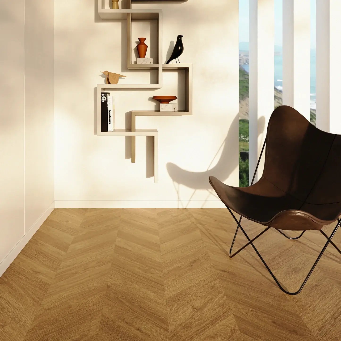 Modern room with wooden floor, wall shelves, and a brown chair.