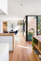 Modern kitchen with wooden floor, white cabinets, and large windows.