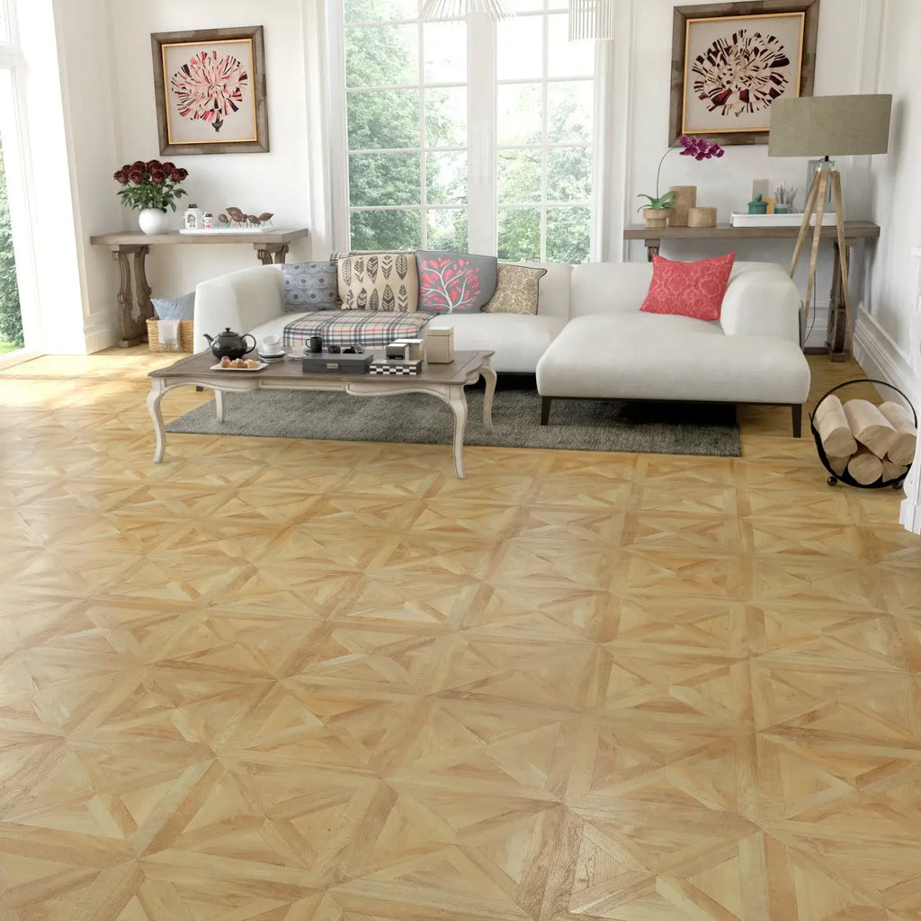 Living room with wooden floor and white furniture