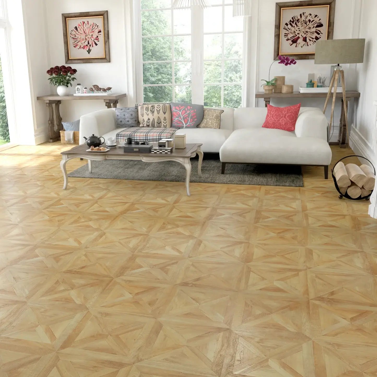 Living room with wooden floor and white furniture