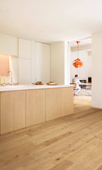 Modern kitchen with wooden flooring and white cabinets