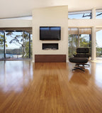 Modern living room with a television, fireplace, and Eames chair.