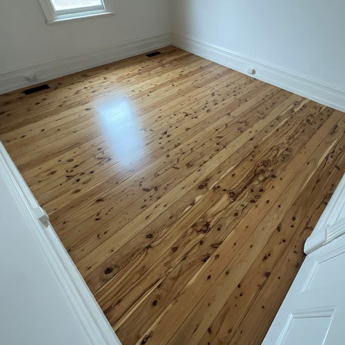 Beautifully restored Cypress Pine hardwood floorboards gleaming with a fresh coat of polish in a sunlit room, highlighting the timber's rich golden colour, characterful knots, and the stunning transformation professional timber floor sanding and finishing can achieve.