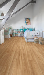Modern bedroom with wooden floor, white walls, and decorative elements.