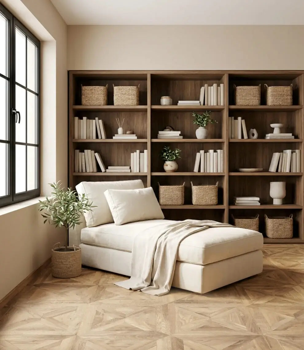 Modern living room with a beige sofa, wooden bookshelves, and decorative items.