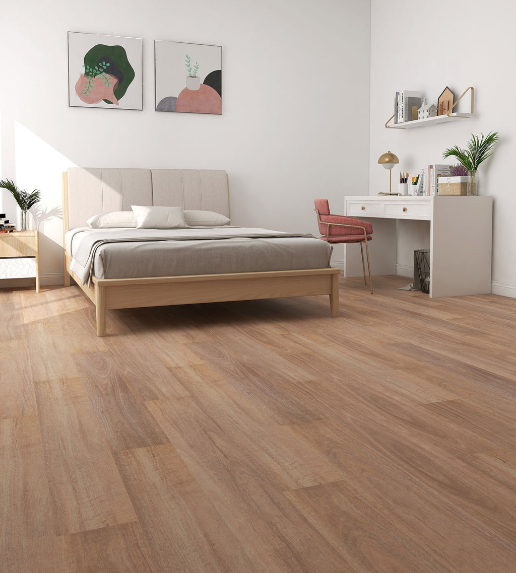 Modern bedroom with wooden floor, bed, desk, and decor