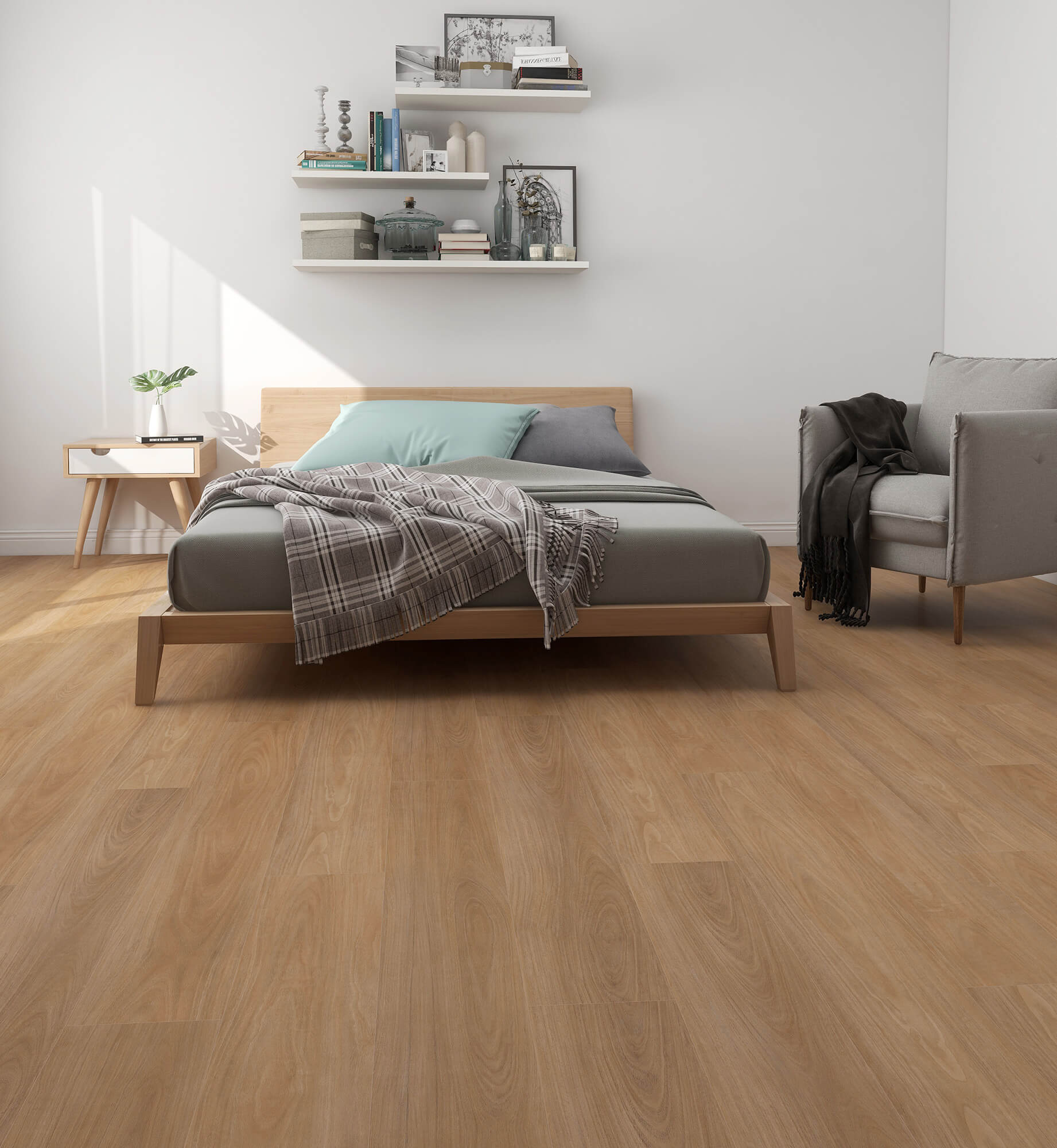 Modern bedroom with wooden floor, bed, and shelves.