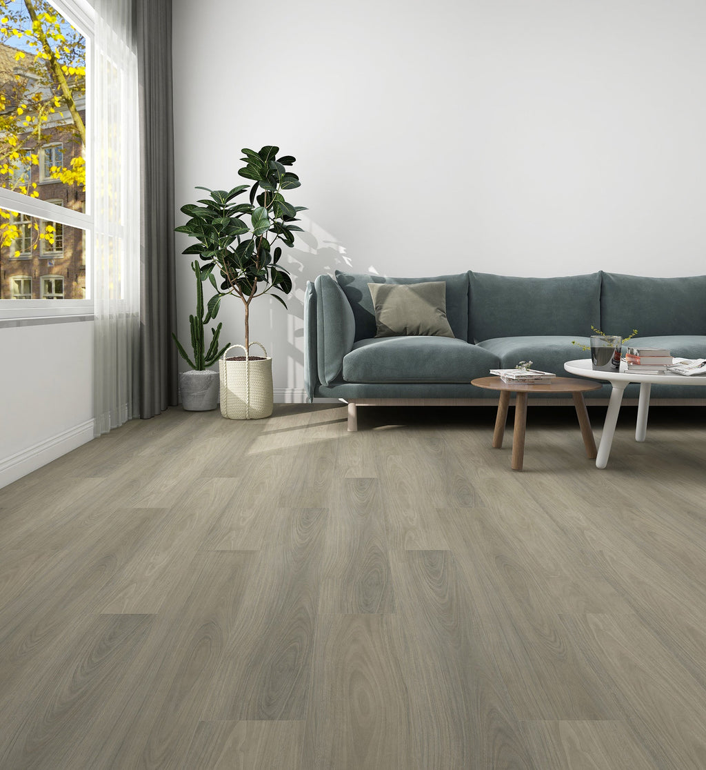 Living room with a gray sofa, coffee table, and decorative items on a wooden floor.
