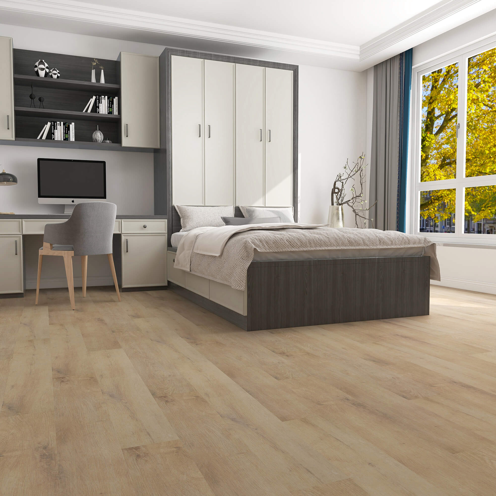 Modern bedroom with a bed, desk, and wardrobe.
