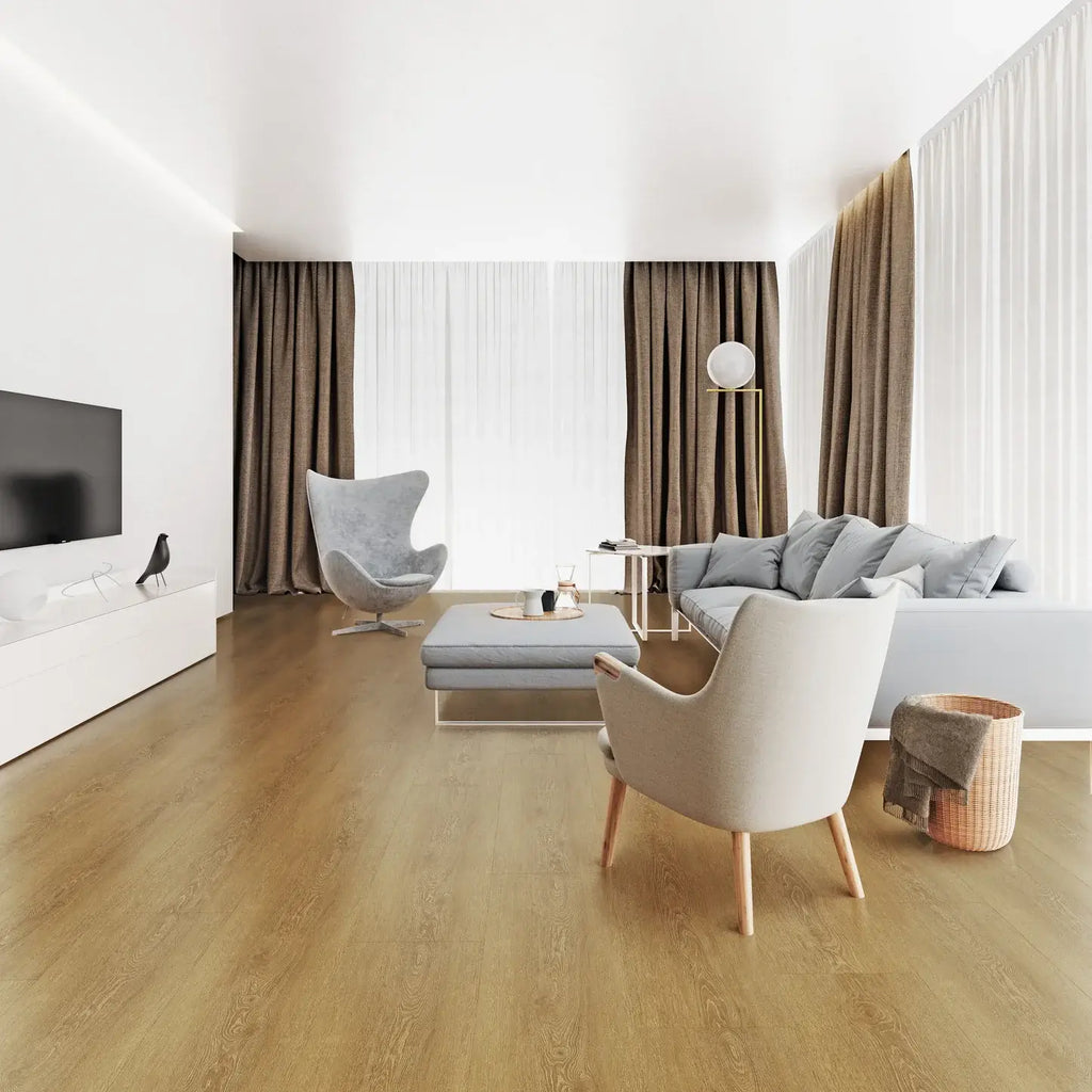 A modern living room with light oak wood flooring, featuring a white sectional sofa, a light gray accent chair, a matching ottoman, brown curtains, and a white wall-mounted TV.