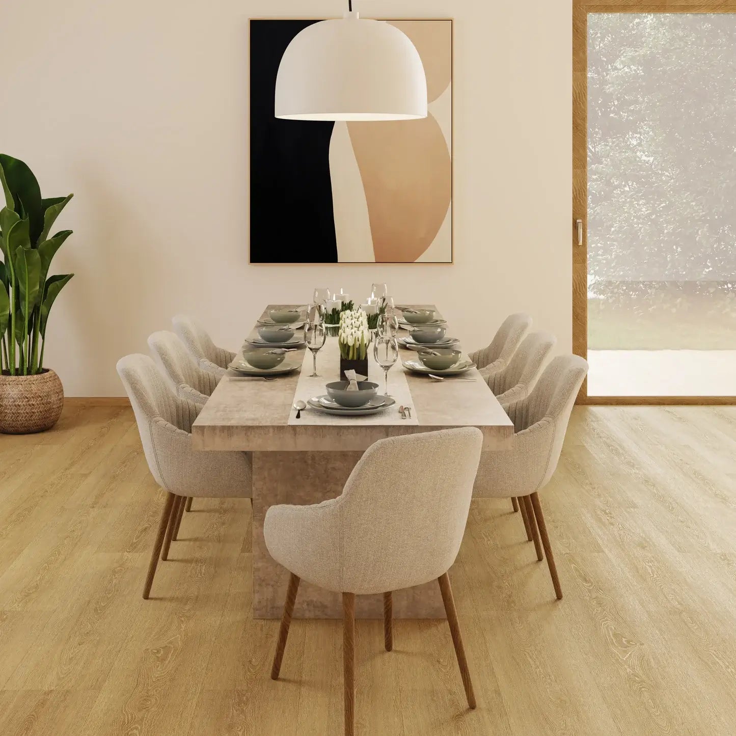 A modern dining room scene featuring a rectangular light stone dining table surrounded by eight upholstered dining chairs in a warm beige fabric. The room has light wood floors, a large white dome pendant light hanging above the table, and a minimalist abstract art print on the wall.