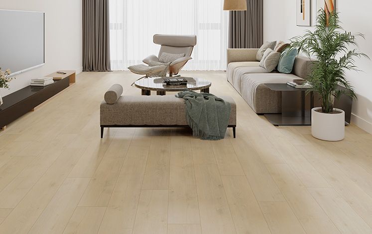 Modern living room with light wood flooring, furniture, and decor.