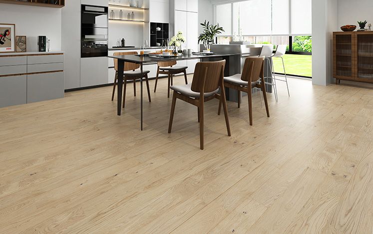 Modern kitchen with wooden flooring and furniture