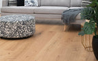 Living room with a gray sofa, patterned ottoman, and plant on a wooden floor.