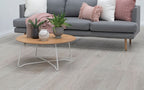 Living room with a gray sofa, wooden coffee table, and decorative items.