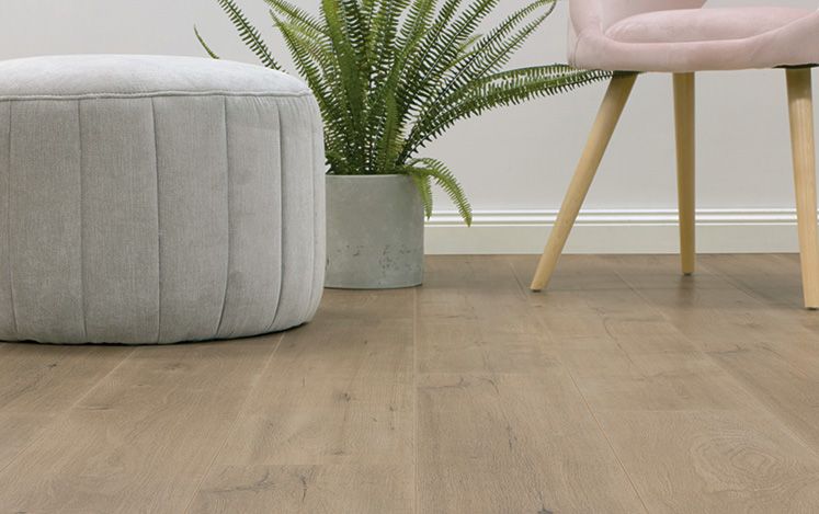 Wooden flooring with a gray ottoman, potted plant, and pink chair.