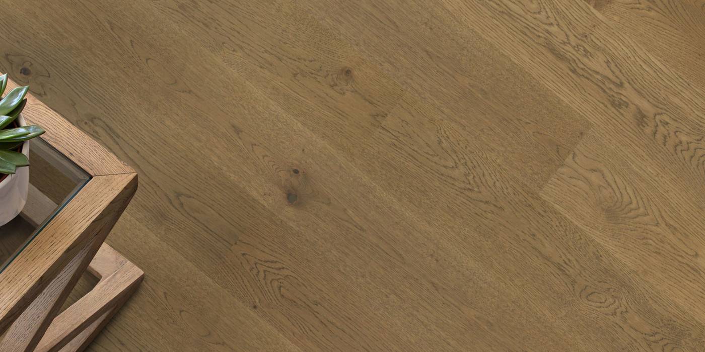 Wooden floor with a wooden table and plant in the corner