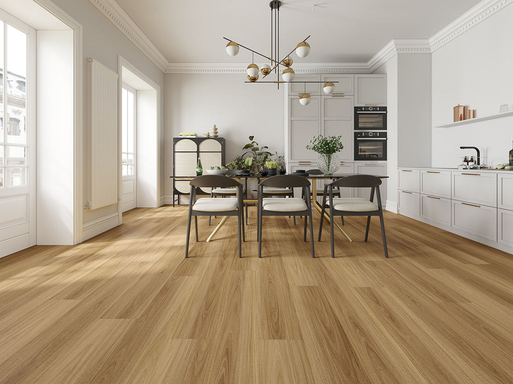 Modern kitchen with wooden flooring and a dining area.