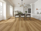 Modern kitchen with wooden flooring and a dining area.